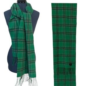 Collegiate Tartan Green Plaid Merino Cashmere Fringed Scarf Preppy Heritage
